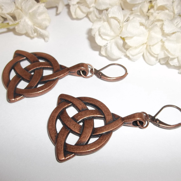 Copper Triquetra Celtic Knot Earrings Dangle Drop Fashion Jewelry Set Pair C781 - Picture 4 of 7